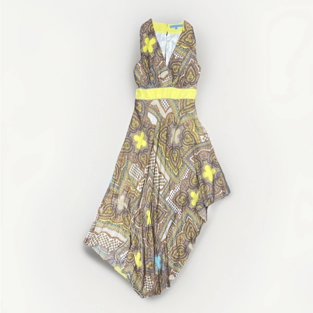 Antonio Melani Asymmetrical Pastel Paisley Bandana Toga Midi Dress Yellow Sz 4